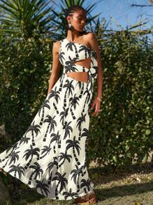 Travachic 女士度假休闲镂空系带前开襟连衣裙，饰有椰子树印花 - 黑與白 - 查看 1