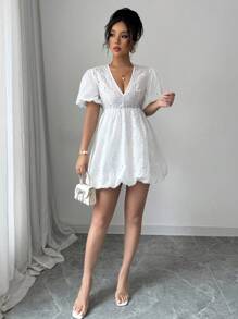 Rafferiza White V-Neck Embroidered Waist Puff Sleeve Mini Dress - White - View 5