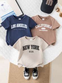 SHEIN 3pcs/Set Baby Boy Summer Color Letter Print Soft Knit Crew Neck Short Sleeve Tops - Navy Blue - View 6