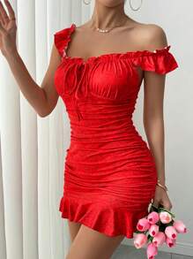 VaVaBold Vestido elegante con estampado floral, volantes en el bajo, atado al frente y hombros al descubierto para vacaciones y playa para mujeres - Rojo - Ver 5