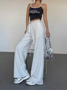 SHEIN EZwear Pantalones casuales largos con nudo delantero sencillo para mujer, casual de uso diario