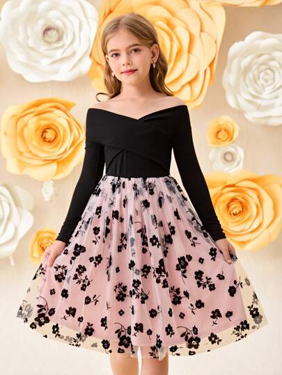 SHEIN Sukienka dla dziewcząt w jednolitym kolorze z dekoltem w serek, dzianinowa, tkana, z siateczki flokowanej, elegancka