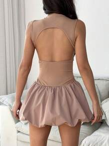 SHEIN EZwear Needle Woven Patchwork Open Back Stand Collar Sleeveless Mini Dress For Women - Khaki - View 2