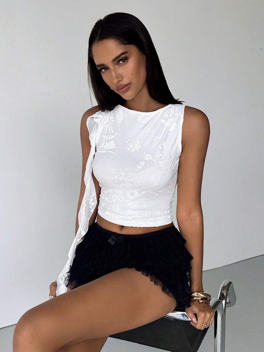 Aloruh Women Elegant Vintage Romantic Solid Color White Floral Flocked Ruffle Trim Sleeveless Fitted T-Shirt,Tops,Tops Women,Top,White Top,Summer Tops,Tank Tops Women,Crop Tops,Going Out Tops Women,Vacation,Y2k,Off The Shoulder Top,Tube Top - White - View 1