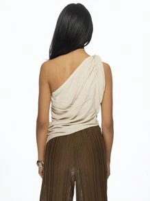 MISSGUIDED Elegant Linen One Shoulder Ruched Top Evening Party Summer Sophisticated Draped Blouse Resort Wear Vacation Holiday Special Occasion - Khaki - View 2