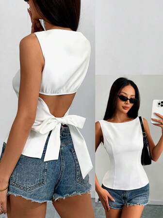 Zielony Solid Color Form-Fitting Sleeveless Open Back Tie-Up Bow Knot Elegant Casual Sexy Minimalist Office Business Women's Cropped White Basic Blouse Top, Suitable For Spring & Summer