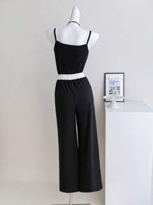 Wildeya Teenager Mädchen Set aus ärmelloser Kontrast Schwarz & Weiß Bluse und hochgeschnittener Weite Strick Hose, lässiger Basic für Sport
