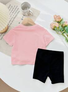 SHEIN Leap Crew Baby Girls Casual Simple Short Sleeve 2 Pieces Set, Suitable For Spring/Summer - Multicolor - View 2