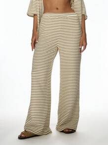 MISSGUIDED Cozy Toweling Wide Leg Beach Pants Resort Wear Lounge Pants Striped Summer Vacation Pool Cover Up Palazzo Style Casual Comfort - Apricot - View 1