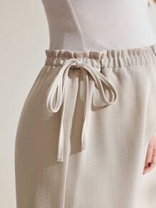 SHEIN Maternity Solid Color Adjustable Waist Wide Leg Loose Casual Pants - Khaki - View 4