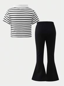 SHEIN 2pcs/Set Young Girl Stripe Bow Decor Polo Collar Short Sleeve Top And Flared Pants Set
