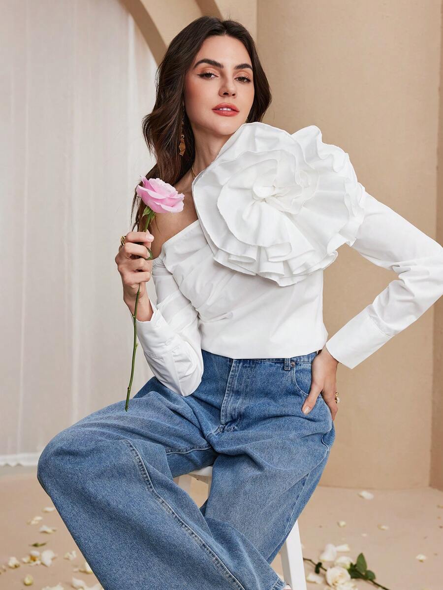 Chiquease 女士优雅大花卉印花斜肩衬衫 - 白色 - 查看 1