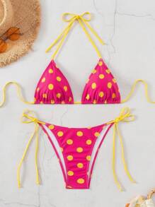Swim Mod 2026 Spring/Summer Women's Spaghetti Strap Halter White Base Pink Polka Dot Random Print Sweet Cute Side Tie Thong Bikini Two Pieces Swimsuit