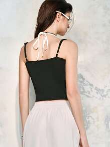 SHEIN LUNE 女式黑色蕾丝拼布细肩带吊带背心设计上衣，夏季 - 黑色 - 查看 2