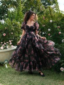 SHEIN MOD Women's Floral Layered Organza Puff Sleeve Black Background Dress,Rave Outfits Festival,Spring Break Outfits,Western Wear Women,Country,Beach,90s Clothes,Spring/Summer Outfits For Women,Modesty Clothes Women,Ruffle Dress,Romantic Dresses,Spring/Summer Dresses For Women,Easter Dress Women,Vintage Dresses For Woman,Easter Dress,Floral Dress Women,Graduation Dress,Maxi Dresses For Women - Multicolor - View 7