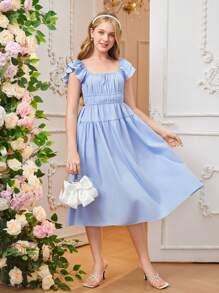 1pc Teen Girls' Square Neck Double Layered Ruffle Sleeve Midi Dress, Elegant Casual Sundress For Summer - Blue - View 5