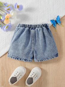SHEIN Baby Girls New Fashion Denim Shorts, Stylish Skort Design With 3D Bow Decor, Light Wash Casual Everyday Versatile Denim Skirt-Shorts, Spring/Summer New Arrival - Light Wash - View 2
