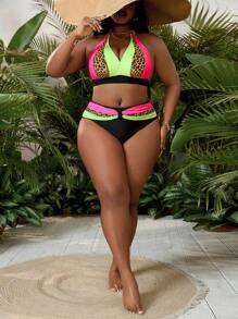SHEIN Swim Curve Conjunto de 2 piezas de bikini para mujer talla grande de estilo halter, de colores múltiples, casual, para resort, piscina, playa y vacaciones, para el verano