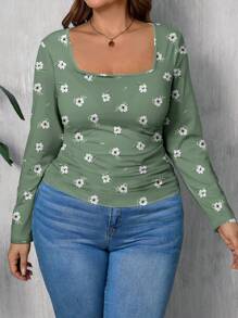 SHEIN LUNE Áo thun cổ vuông họa tiết hoa đơn giản, giản dị cỡ lớn dành cho nữ - Nhiều màu - Xem 4