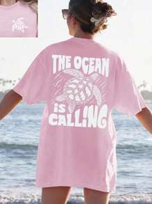 Flirla Plus-Size Women's Turtle Print Casual Crew Neck T-Shirt For Beach Vacations - Pink - View 1