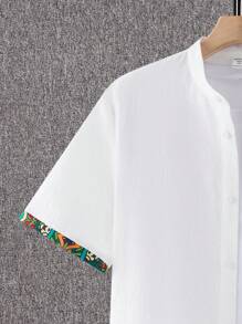 SHEIN Casual White Patchwork Short Sleeve Shirt For Teen Boys, Sports Streetwear Punk Rock School Daily Outgoing Party Music Festival, Suitable For Spring & Summer, Boys Costume Tween Clothes, Graphic Retro Print - White - View 4