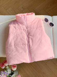 SHEIN EZwear Cropped Padded Vest, Sleeveless, Solid Color, For Winter - Baby Pink - View 4