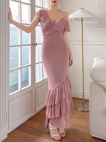 DAZY Women's Solid Color Asymmetric Neck Ruffled Fishtail Hem Fitted Elegant Mid-Length Dress Sundress - Pink - View 7