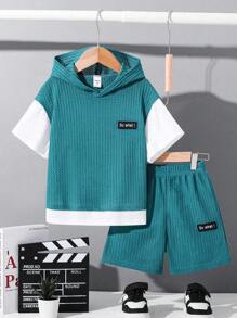 SHEIN 2pcs/Set Setelan Anak Laki-laki Remaja Warna Teal Musim Panas Kasual Liburan Warna Solid Kontras Motif Waffle Hoodie Lengan Pendek dan Celana Pendek Pinggang Elastis - MultiWarna - View 1