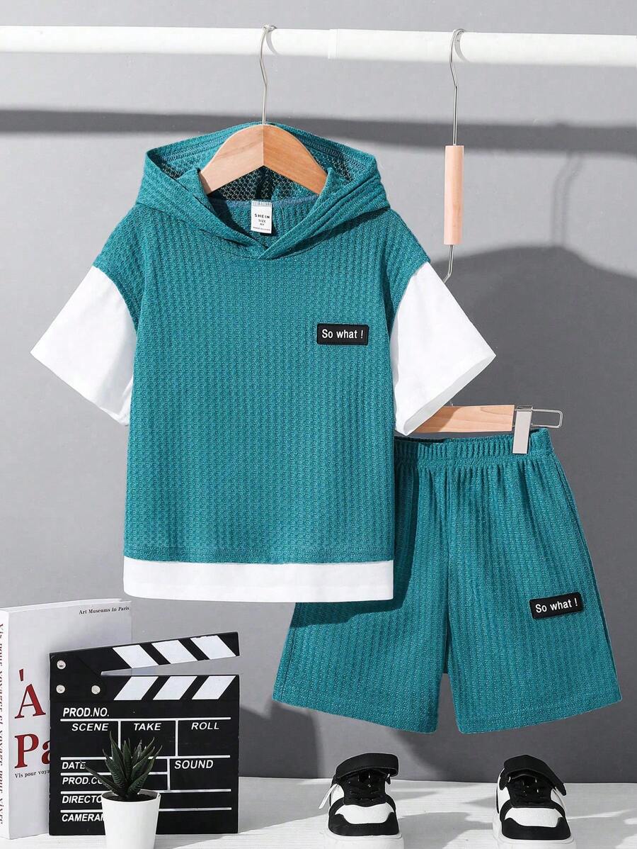 SHEIN 2pcs/Set Setelan Anak Laki-laki Remaja Warna Teal Musim Panas Kasual Liburan Warna Solid Kontras Motif Waffle Hoodie Lengan Pendek dan Celana Pendek Pinggang Elastis - MultiWarna - View 1