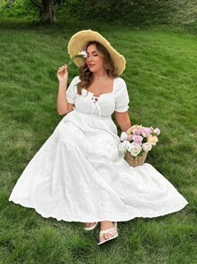 Flirla Plus Size Boho Solid Sweetheart Collar Ruffle Trim Front Tie Puff Sleeve Elastic Waist A-Line Patchwork Dress, For Summer - White - View 6