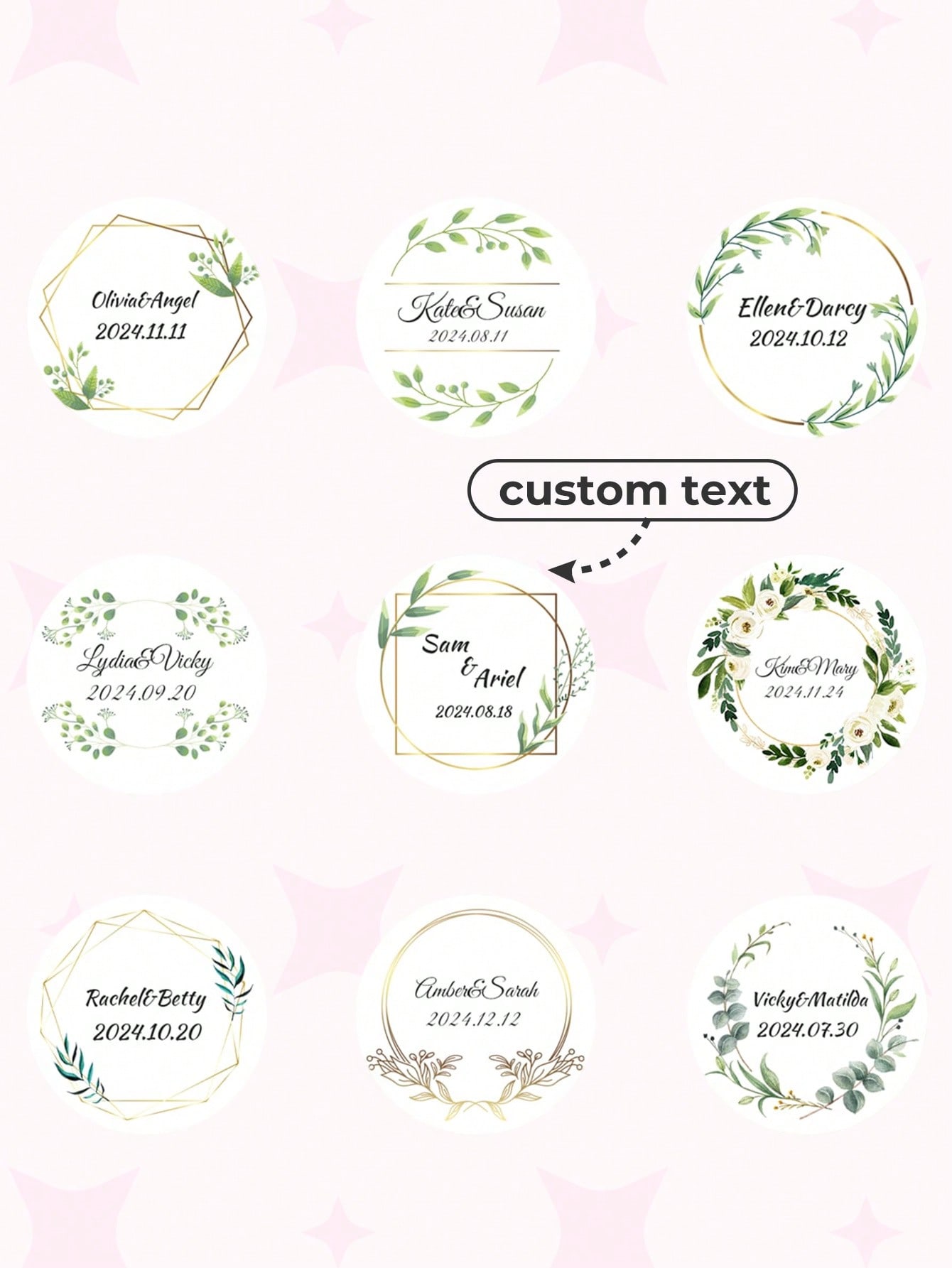 35pcs Customized Wedding Party Stickers, Personalized Circular Gift Label Stickers, Green Leaf Design, Customized Name And Date Wedding Gift Stickers, Personalized Pvc Adhesive Labels, For Mom, Family, Friends, Tea Room, Home, Garden, Office, For Anniversaries, For Valentine's Day, For Mother's Day, For Birthdays, For Father's Day, For Graduation, For Housewarming, Warm Ambience.