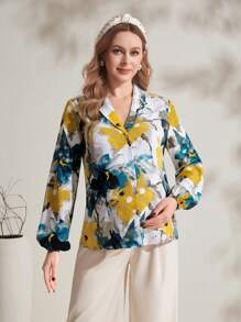 SHEIN Maternity Front Button Long Sleeve Printed Casual Blouse, For Everyday Wear - Multicolor - View 3