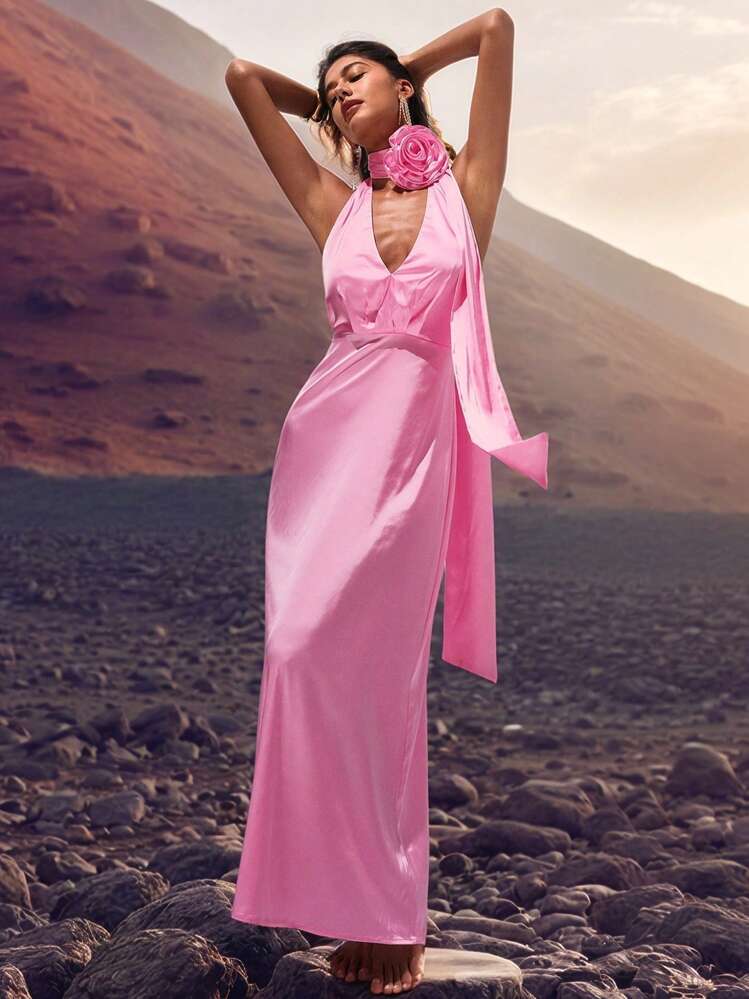 Opulessa Soft Pink Summer Elegant Dining Halter Backless Bodycon Dress For Women, Formal Bridesmaid Birthday Beach Wedding Party Woven Solid Color Outfits