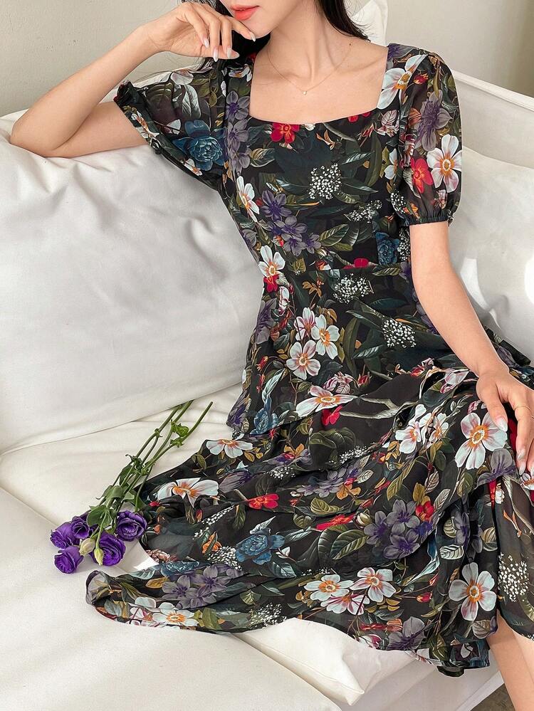 Women's Floral Print Casual Mini Dress, Loose Fitting Short Sleeve Knee Length Maxi Dress Boho