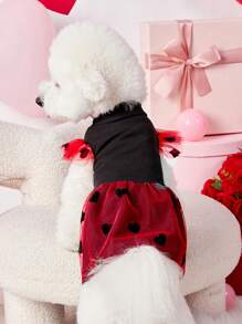 PETSIN 1pc Pet Dog Black Knit Patchwork Red Heart Flocked Mesh Cap Sleeve Princess Dress - Black - View 2