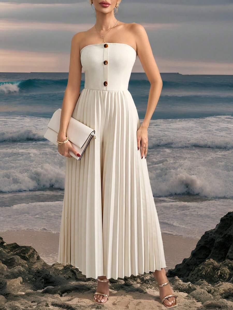 SHEIN Clasi Women's Elegant Pleated Strapless Apricot Color Wide Leg Long Jumpsuit, Fashion Streetwear For Vacation Outfits Woman Summer Outfits For Women Beach Outfits For Woman Mardi Gras  Beach Vacation Wear  BohoJumpsuit Women Western Wear Women Festival  Old Money