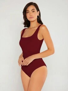 SHEIN BASICS 1件女款純色極簡基本款保守性感休閒日常連身衣 夏季女裝 日常白天穿搭 酒紅色 辦公室穿搭 - 酒紅色 - 查看 3