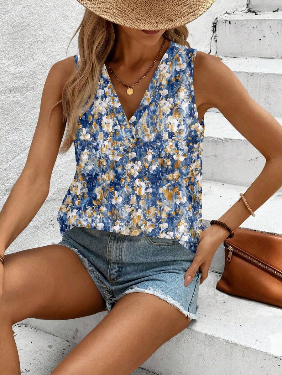 SHEIN LUNE Plus Size Casual Minimalist Floral Pattern Sleeveless Shirt, Suitable For Summer Chic Blouses For Women