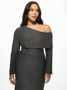 MISSGUIDED PLUS Plus Size Off-Shoulder Maxi Dress With Side Slit Elegant Long Sleeve Evening Party Winter Fall Wedding Guest Floor Length Bodycon - Grey - View 3