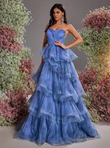 Glamrae Elegant Blue Tube Top V-Neck Digitally Printed Heavy-Duty Whole Piece Pleated Multi-Layer Cake Pagoda Skirt With Adjustable Straps At The Back Suitable For Dates, Vacation Photos, Bachelor Parties, Wedding Events, Graduation And Back-To-School Season Heavy-Duty Dinner Dresses