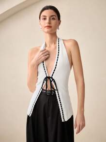 BizChic Women's Elegant Halter Neck Sleeveless Black Tie-Up Knit Vest Top, Spring & Summer
