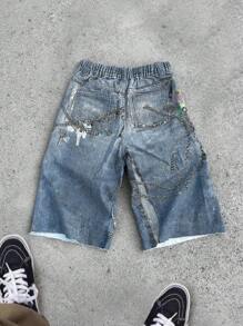 SHEIN Tween Boy Fashion Casual Y2k Cool Blue Denim Frill Hem Print Element Losse Denim Shorts Voor Jongenskostuum Dagelijkse Kleding En De Vier Seizoenen Kinderkleding