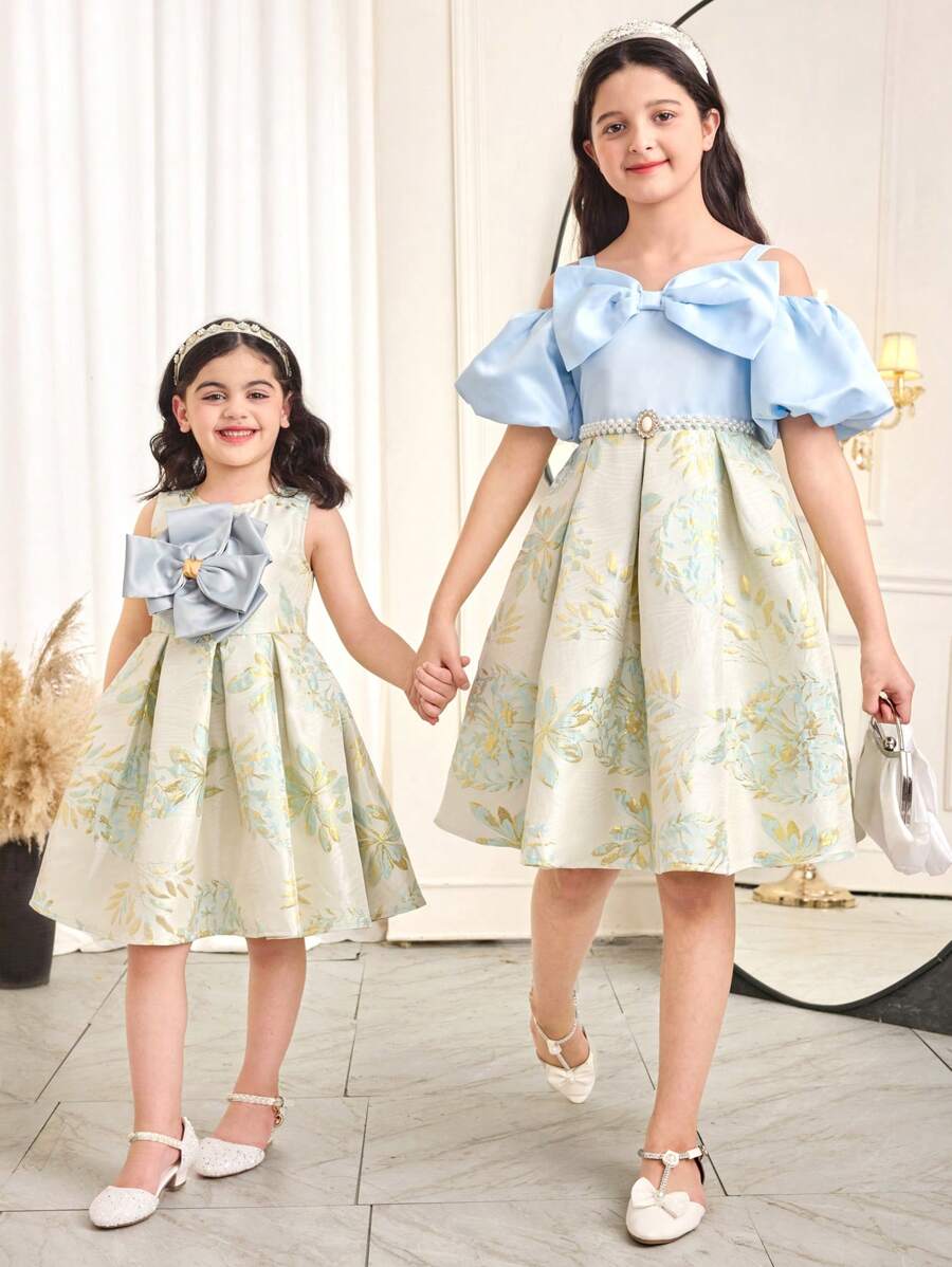 SHEIN فستان حفلة أنيق للفتيات المراهقات ذو حمالات لؤلؤية وأكتاف منكشفة، مزين بعقدة، فصوص كم منفوخ، من قماش البروكار الراقي، مناسب للحفلات والعودة للمدرسة والأسلوب الفرنسي الأنيق وأسلوب الأميرة وأحداث الزفاف وأعياد الميلاد - الأزرق - مشاهدة 1