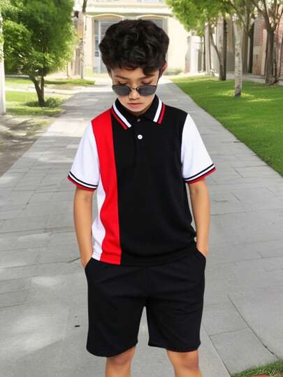 SHEIN Tween 男童休闲拼布撞色翻领短袖 Polo 衫，适合秋季、春季和夏季，适合户外玩耍、上学、街头装、派对和休闲