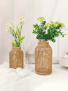 1pc Woven Cylindrical Glass Vase, Home Desktop Decorative Planter - Brown - View 10