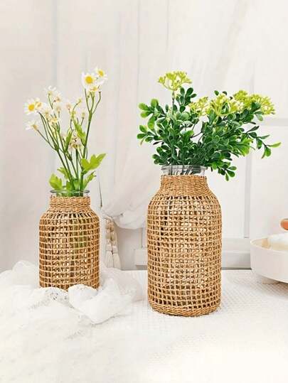 1pc Woven Cylindrical Glass Vase, Home Desktop Decorative Planter