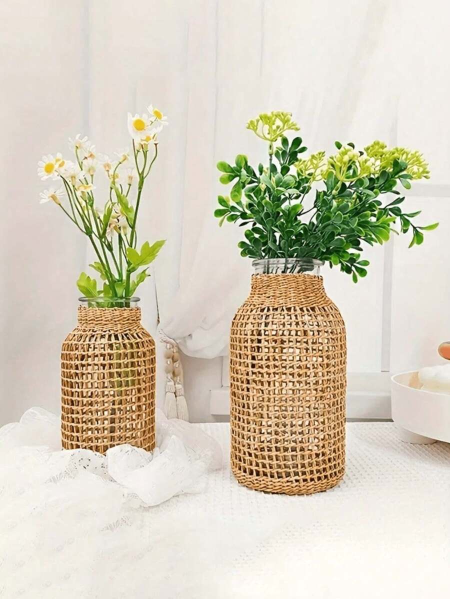 1pc Woven Cylindrical Glass Vase, Home Desktop Decorative Planter - Brown - View 1