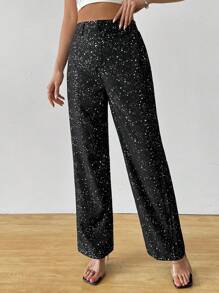 SHEIN Clasi Women's Casual High Waist Silver Foil Print Pants