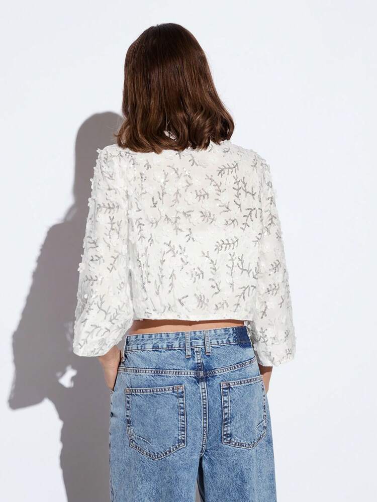 SHEIN Maija New 2025 Summer White Round Neck 3D Sequins Sequin Business Casual Women's Mesh Embroidered Short Jacket, Suitable For Outdoor Activities, Birthday Parties, Weddings, Graduation, Brunch