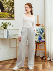 2pcs/Set Teenager V-Neck Slim Fit Long Sleeve Base Layer Top And Loose Waist Casual Sports Pants Suit